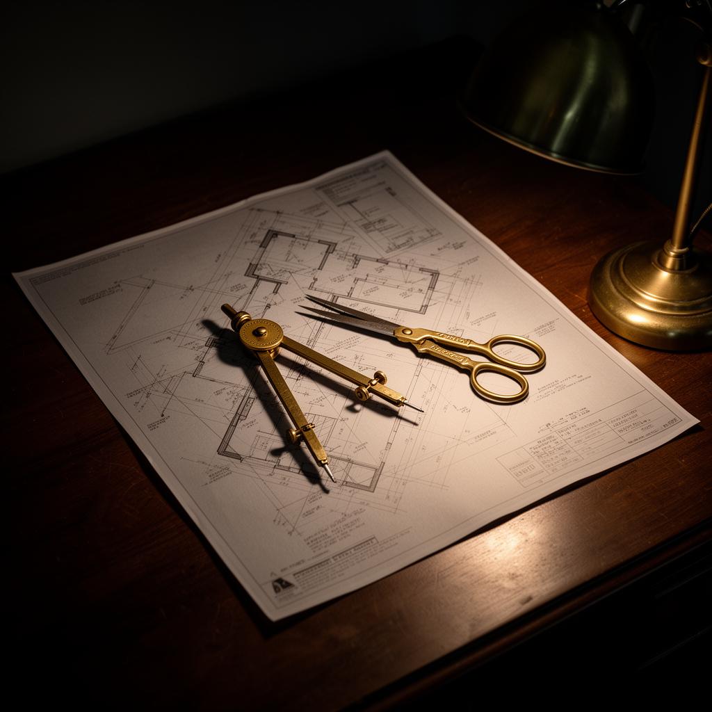 Architectural blueprints and brass compass on a dark wood desk